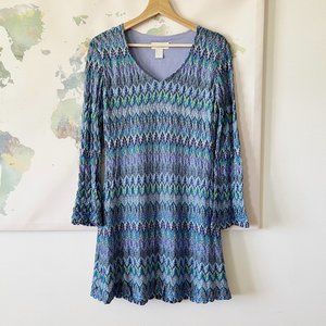 VTG Express Tricot Size Small Dress Mini Textured Knit Blue Green Bell Sleeves
